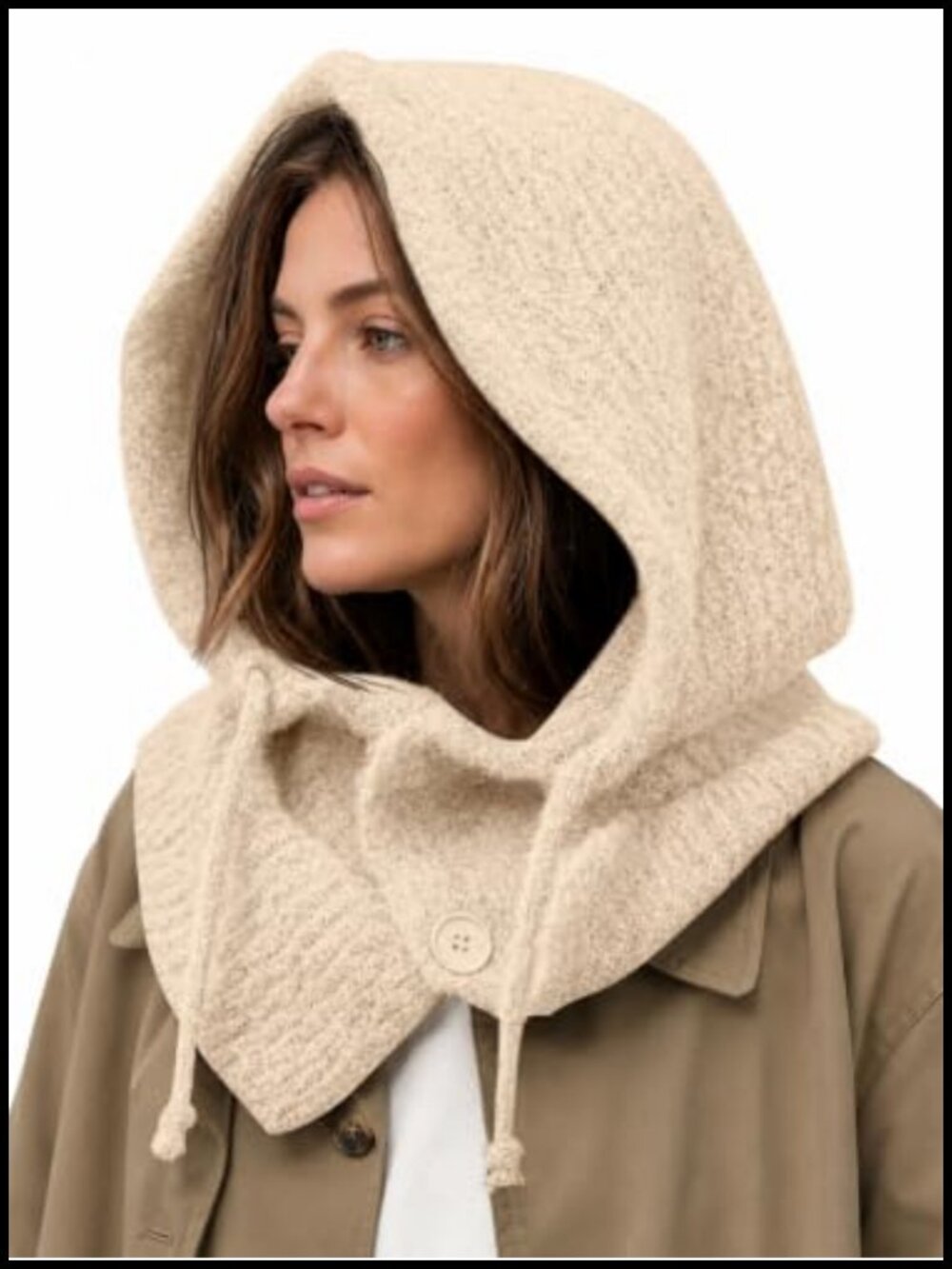 Ribbed Knit Balaclava Scarf Hat Button Closure Drawstring Winter Warm